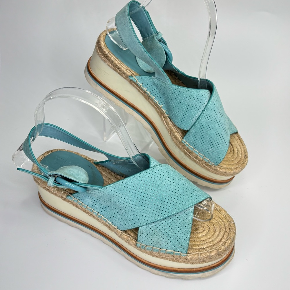 SH4 Marc Fisher Gellyn Turquoise Espadrille Platform Sandals Criss Cross 7M